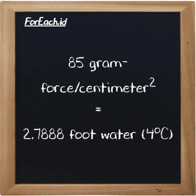 85 gram-force/centimeter<sup>2</sup> is equivalent to 2.7888 foot water (4<sup>o</sup>C) (85 gf/cm<sup>2</sup> is equivalent to 2.7888 ftH2O)